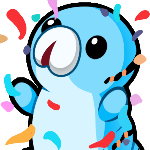 A blue caterpillar throwing confetti in the air